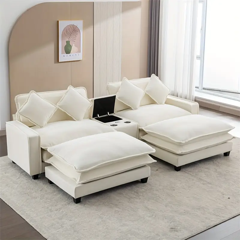 Chenille Soft Sofa with Two Detachable Ottomans, Two Cup Holders, And a Large Storage Compartment in The Living Room