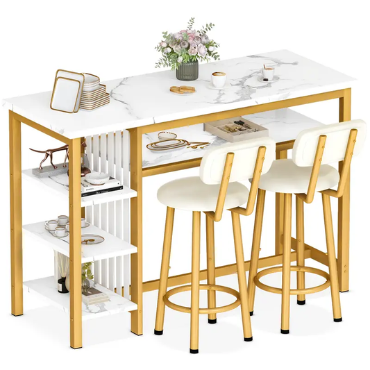 LAMERGE 3pcs Bar Table And Chair Set | 1 Modern Faux Marble Table, 2 Backrest Bar Stools, Metal Frame Kitchen Counter | With 3 Layers Of Storage Shelves, Suitable For Kitchen, Bar, Living Room, Dining Room Home Furniture, Breakfast Table