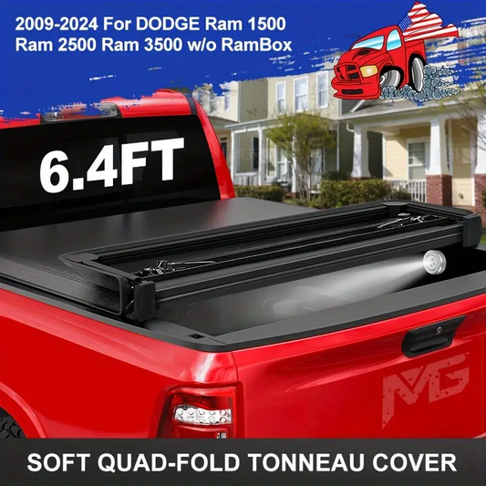Premium Soft Quad-Fold Tonneau Cover for 2009-2024 for DODGE for RAM 1500, 2500, 3500 - 6'4" (76.3in) Truck Bed, Durable Marine-Grade Vinyl, Double-Layered with Crossbars, Easy Installation, No RamBox Compatibility