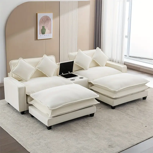 Chenille Soft Sofa with Two Detachable Ottomans, Two Cup Holders, And a Large Storage Compartment in The Living Room