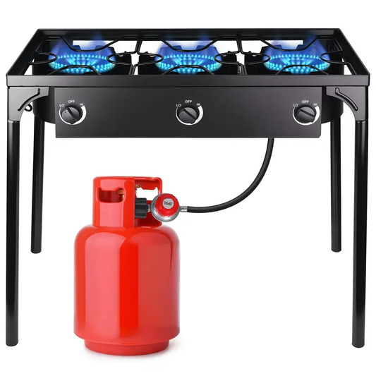 3-Burner Outdoor Propane Gas Camp Stove - 225, 000 BTU High Pressure Portable Cast Iron Burner with Adjustable Individual Flames, Detachable Legs & Powder Coated Rust-Resistant Design for Camping, Tailgating, Patio Cooking, Camping Stove Portable