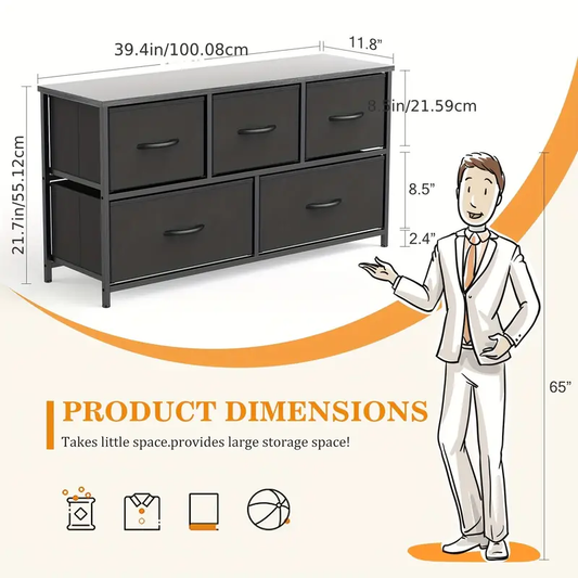 Storage Cabinet with 5 Drawers: Fabric Closet Organizer, Metal Frame And Wood Tabletop, Ideal Chest Storage And Storage Cabinet for Lab, Living Room And Bed Room, Available In Brown, Black, Gray And White Color for lab